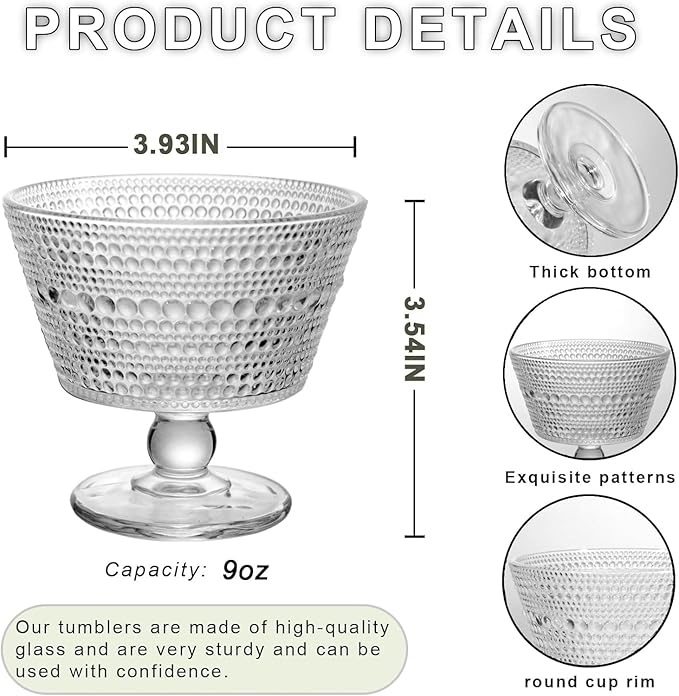 Glass Dessert Bowls & Breakfast Cups - Set of 12, 9oz Ice Cream Sundae Cups, For Oats, Ice Cream, Milk, Sorbet, Yogurt (12PCS)