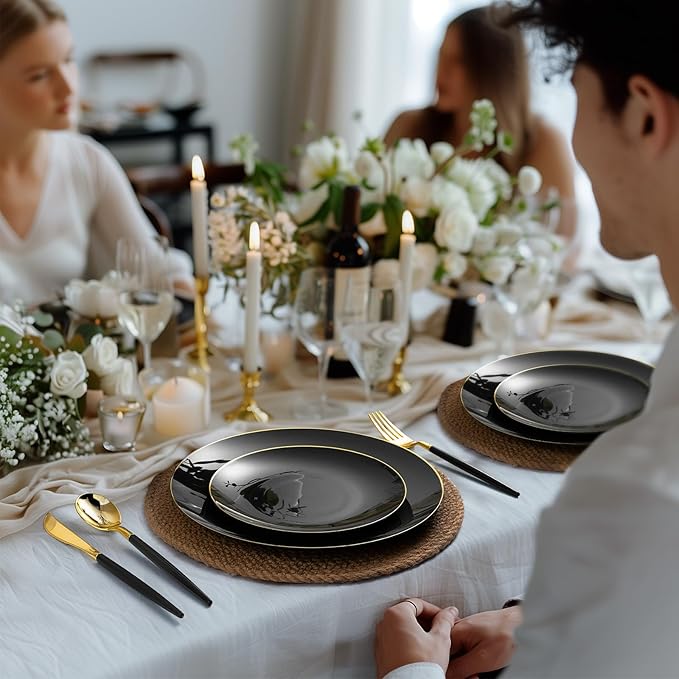 100 PCS Black Gold Plastic Plates, 7 inch Black Disposable Plates for Party, Disposable Dessert Plates for Party, Graduation, Birthday, Wedding