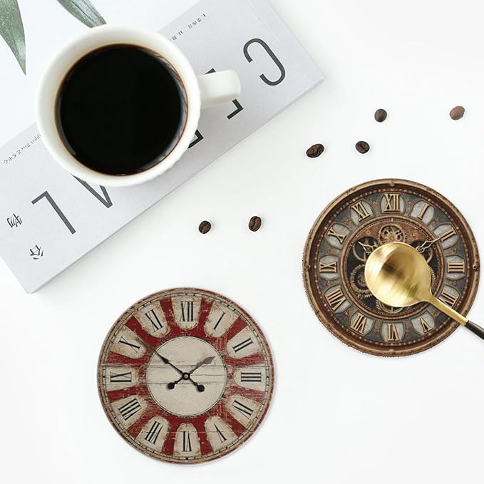 Clock Coasters for Drinks with Holder Round Leather Coasters Set of 6 Cups Mugs Mat Pad for Home Kitchen Bar