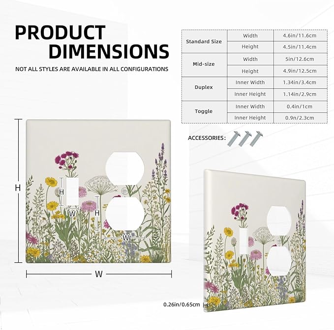 Light Switch Cover Plate Wildflower Botanical Plant Herbs Flower 2 Gang Decorative Switch Plates 1 Toggle Duplex Combo Outlet Covers GFCI Wall Plates for Bathroom Livingroom Decor