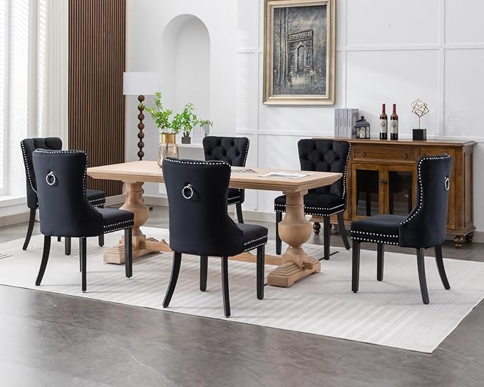 KCC Velvet Dining Chairs Set of 6, Upholstered High-end Tufted Dining Room Chair with Nailhead Back Ring Pull Trim Solid Wood Legs, Nikki Collection Modern Style for Kitchen, Black