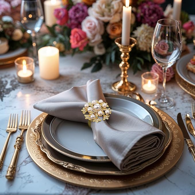 Decozen Set of 16 Gold Napkin Rings with Pearl Design, Festive, Table Decor Setting for Holiday, Wedding, Birthday, Kitchen, Home Decor, Housewarming Gift - Thanksgiving & Christmas Gift Decoration