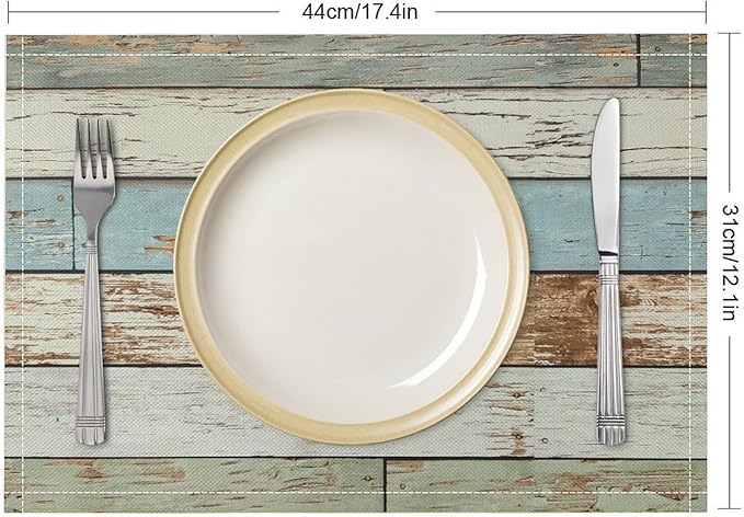 Rustic Plank Placemat Set, Vintage Old Shabby Colorful Beige Green Blue Farmhouse Barn Wooden Board Pattern Home Decor Linen Table Mats for Dining Room Kitchen Party (17x12in) x2P