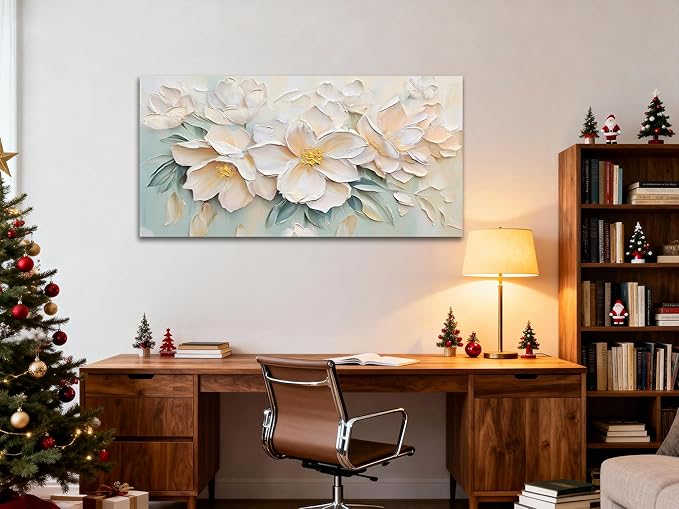 Anolyfi White Textured Flowers Large Canvas Wall Art for Living Room, Modern Aesthetic Sage Florals Painting Wall Decor for Bedroom Dining Room Office Home Decor 58"x29"
