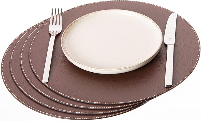 Nikalaz Round Placemats Set (Pack of 4) Recycled Leather Table Mats 15 inches, Kitchen Dining Table Decor by Nikalaz (Brown)