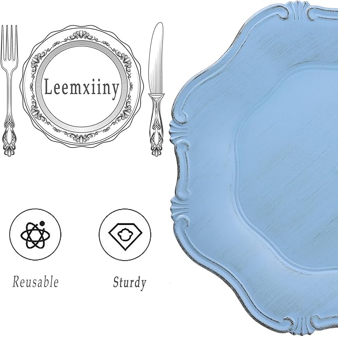 Blue Charger Plates Set of 6, Decorative Table Plastic Chargers for Dinner Plates, Party, Wedding, Thanksgiving, Christmas, 22BL