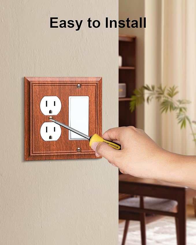 2-Pack Combo Duplex/Decorator Outlet Cover Plate, Wood Grain Decorative Switch Plates Covers, Durable Natural Bamboo Fiber Wall Plates for Electrical Outlets, Receptacle, GFCI Outlet, Dimmer Switch