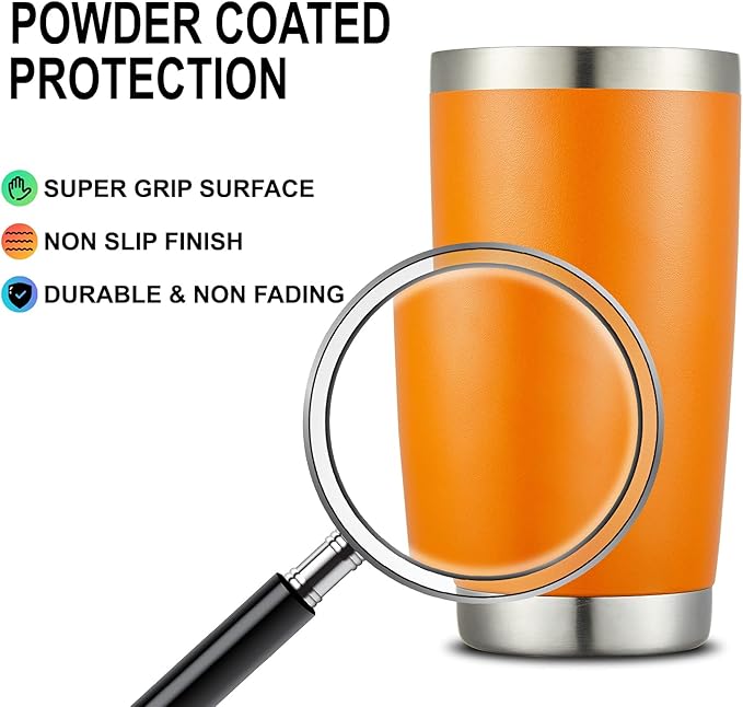 COMOOO 20oz Double Wall Vacuum Insulated Travel Mug, Stainless Steel Tumbler with Lid and Straw Durable Powder Coated Insulated Coffee Cup for Cold & Hot Drinks（Orange, 1 Pack）