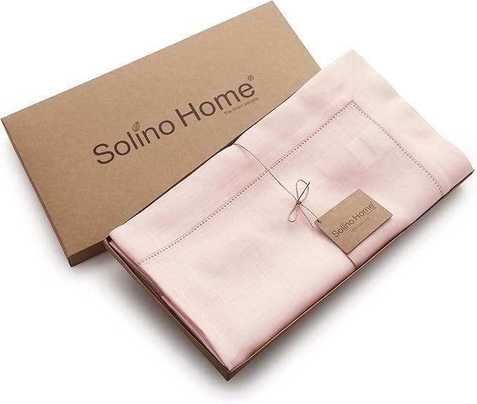 Solino Home Linen Tablecloth 60 x 132 Inch - Classic Hemstitch 100% Pure Linen Pink Table Cloth for Rectangle Tables - Machine Washable Tablecloth for Valentines, Spring, Easter