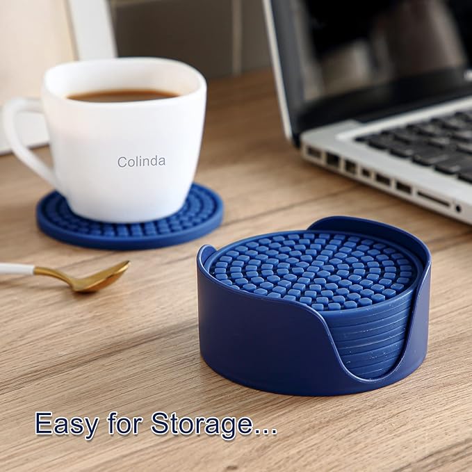 Colinda Silicone Drink Coasters with Holder, Set of 6, for Tabletop Protection and Office Desk, Cup Mat Set for Home Decor, Non-Slip and Non-Stick,Round, 4 Inch,Beige