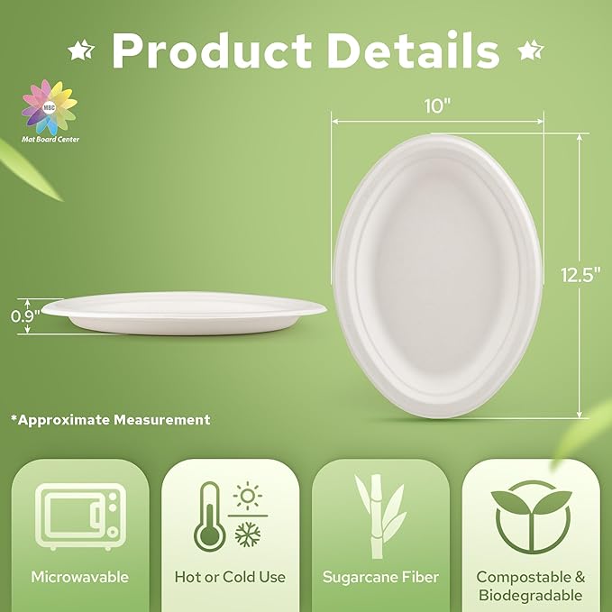 Mat Board Center, 12.5x10 Inch, 500-Count, Compostable Plates, Natural Bagasse (Sugarcane Fiber), Everyday Tableware - Disposable - Oval Shape - Microwave-Safe - Gluten-Free - Eco-Friendly