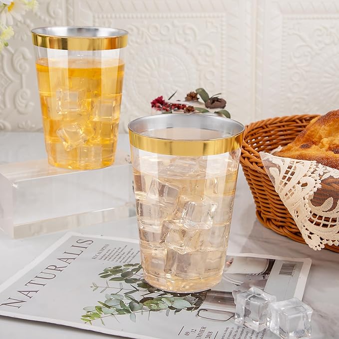 I00000 200 Pack 12 oz Gold Plastic Cups, Clear Disposable Cups, Disposable Plastic Wine Glasses Cocktail Glasses Premium Cups with Gold Rim, 12 Ounce Tumblers for Party & Wedding