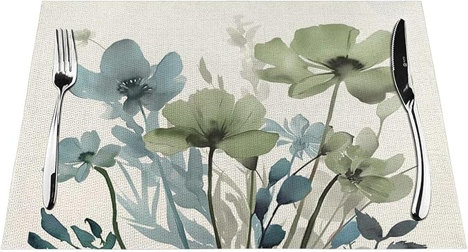 Spring Floral Placemats 12x18 Inches Set of 4,Watercolor Blue Green Flower Decorative Rectangle Summer Decor Floral Decoration Table Mats for Party, Home Kitchen,Dining Table Decoration