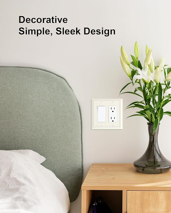 2-Pack Decorative Double Decorator Outlet Cover Plate, Light Almond Durable Natural Bamboo Fiber Wall Plates for Electrical Outlets, Receptacle, GFCI Outlet, Dimmer Switch, 2-Gang, Corrosion Resistant