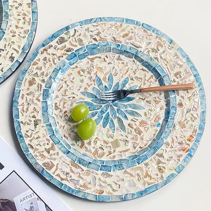 i-lan 2Pack 13" Mother Of Pearl Decorative Charger Plates for Display,Sea Shell Embedded Wood Charger Plates for Dining, Party,Diner Table Modern and Rustic Decorative Placemats,Green Ray