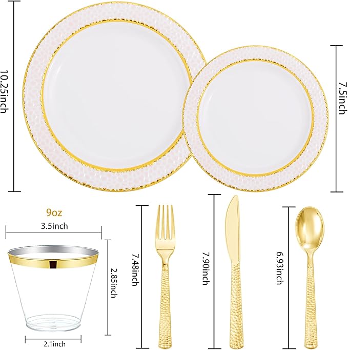 Ciaell 150PCS Pink Plastic Plates – Disposable Pink and Gold Plates Set include 50Plates, 25Forks, 25Knives, 25Spoons, 25Cups for Wedding & Party & Valentine's Day
