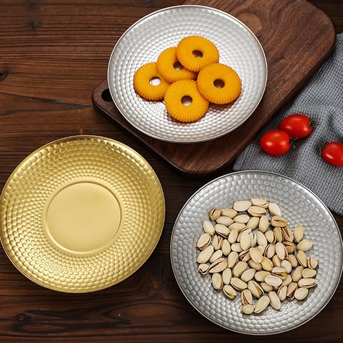 Vintage Hammered Stainless Steel Fruit Tray, Round Textured Metal Dessert Plate for Outdoor Camping and Party Serving, Creative Japanese Style Diamond Pattern