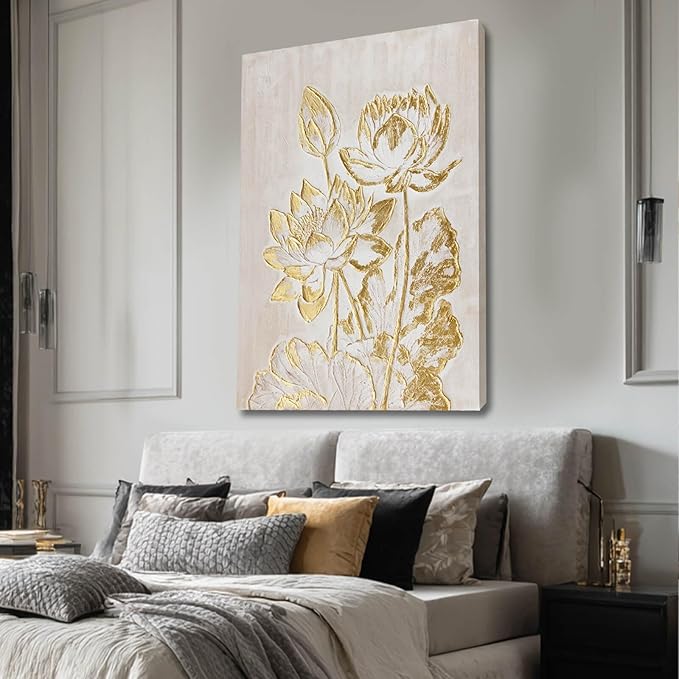 YJYart Plant Canvas Wall Art Flower Wall Decor Gold Wall Decorations 24"x36" Office Art Posters Oil Painting for Bedroom Kitchen