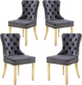KCC Velvet Dining Chairs Set of 4, Upholstered High-end Tufted Dining Chair with Nailhead Back Ring Pull Trim Stainless Steel Legs, Contemporary Nikki Collection Modern Style for Kitchen, Dark Gray