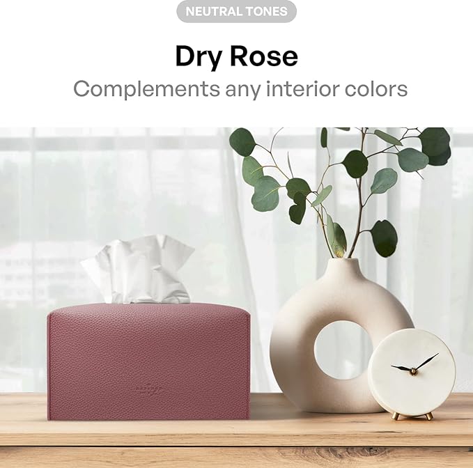 Carrotez Tissue Box Cover, [Refined] Modern PU Leather Rectangular Tissue Box Holder - Decorative Holder/Organizer for Bathroom Vanity Countertop, Night Stands, Office Desk 9.5"X5"X5" - Dry Rose
