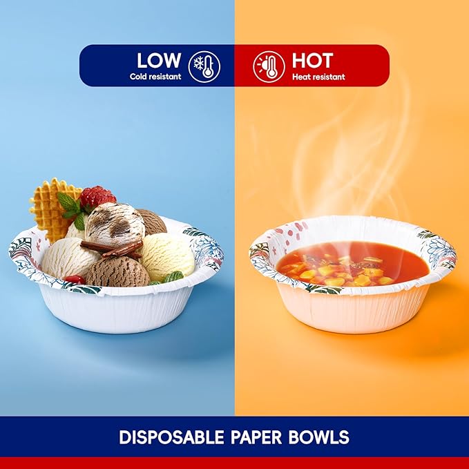 JOLLY CHEF 16 OZ Disposable Paper Bowls with Floral Print 156 Count Heavy-duty Bowls Bulk Perfect for Parties,Picnics,and Everyday Use