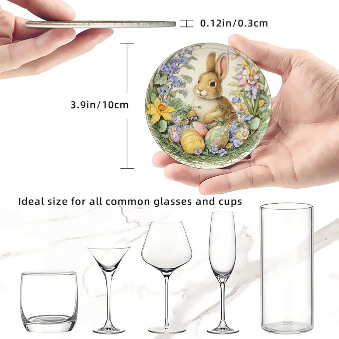 Easter Bunny Coasters for Drinks with Holder Round Leather Coasters Set of 6 Cups Mugs Mat Pad for Home Kitchen Bar