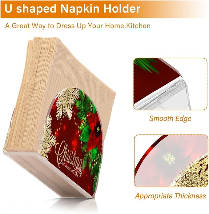 Napkin Holder Christmas Poinsettia and Snowflakes Crystal Clear Acrylic Napkin Holders Paper Napkin Holder Dining Table Dispenser for Kitchen Restaurant Home Decor Bar Accessories