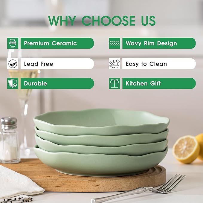Pasta Bowls Set of 4, Ceramic 24.5oz Serving Salad Bowl, Large 8.5 inch Wide Shallow Soup Bowls with Wavy Rim, Easy to Clean, Oven Microwave Dishwasher Safe for Fruit Pasta Salad Dinner - Green