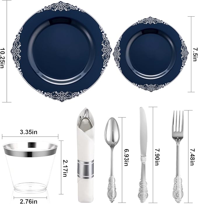 350PCS Navy Blue Plates for 50 Guests, Disposable Dinnerware Sets Include 100 Plastic Plates, 50 Silverwares, 50 Cups, and 50 Pre Rolled Napkins for Party, Wedding and Graduation