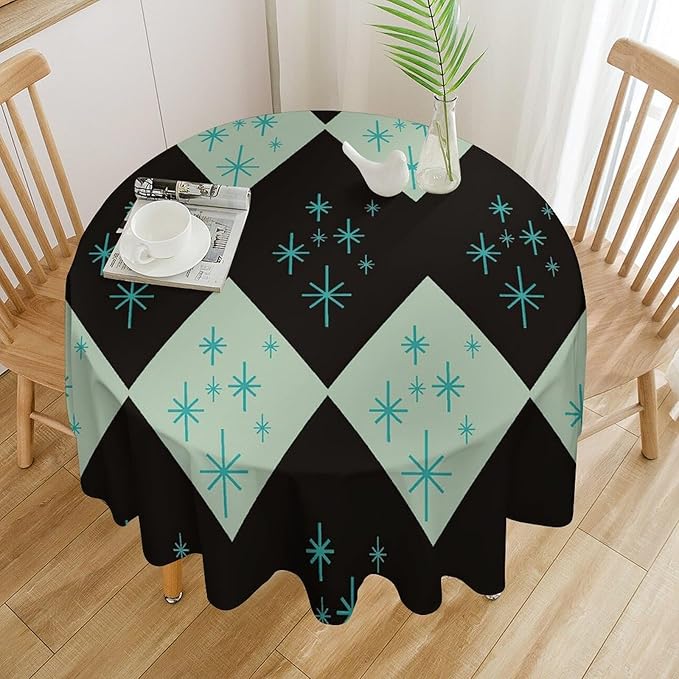 Retro Bohemian Mid Century Round Tablecloth, Abstract Modern Geometric Mid Century Tablecloth for Home Party Dining Room Kitchen Decor 60Inch(152cm)