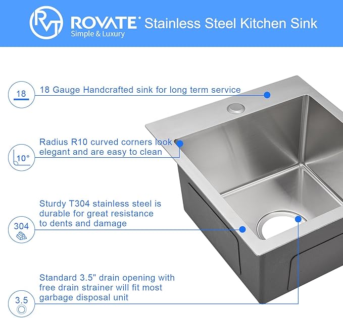 ROVATE 17 x 19 Inch Drop in Bar Sink Single Bowl, Topmount 304 Stainless Steel Small Kitchen Sink with 1 Hole, Handmade Overmount Wet Bar Prep Sinks with Basket Strainer