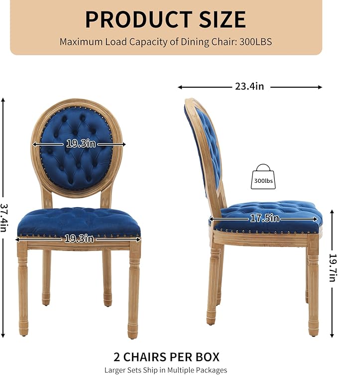 Vintage French Dining Chairs Set of 4, Round Back Velvet Upholstered Accent Chairs with Nailhead Trim and Solid Wood Frame, Elegant Sillas de Comedor for Dining Room & Kitchen, Blue