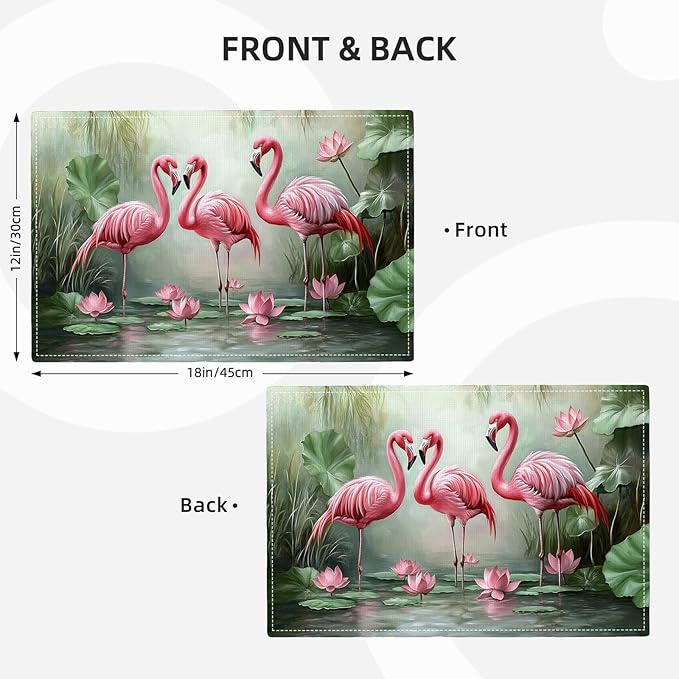 Flamingo Placemats Set of 6, Flamingo Tropical Flowers Place Mats, Wildlife Waterproof Washable Table Mats for Home Party Indoor Kitchen Dining Table Decoration 12x18 Inch