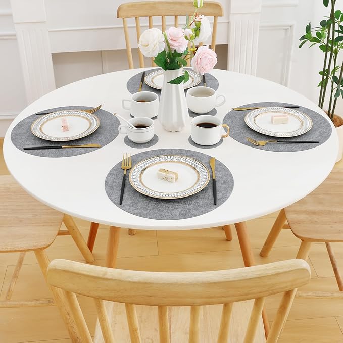 Homaxy Round Faux Leather Placemats and Coasters, Washable Dual-Side Table Mats, Wipeable Heat-Resistant Dining Place Mats for Outdoor and Indoor, Set of 6, Diameter 13 and 3.93 inch, Light Grey