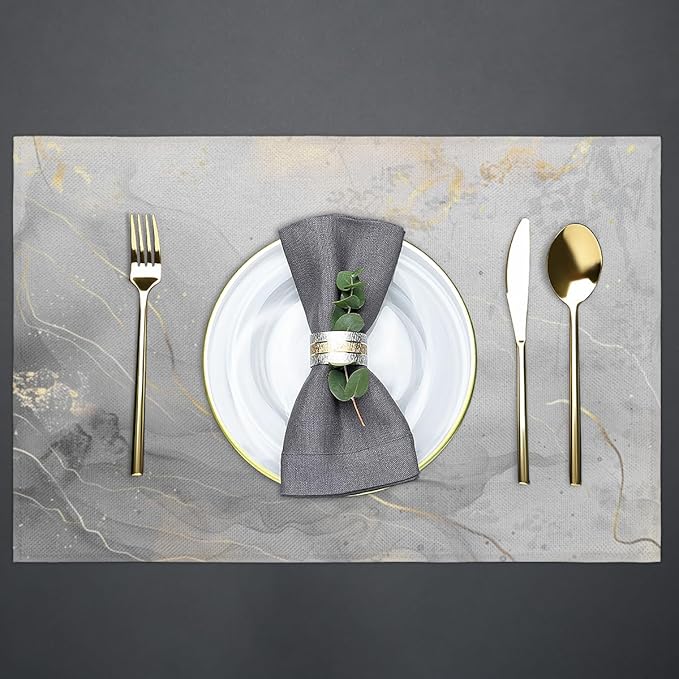 Grey Marble Placemats Set of 4, Washable Minimalist Style Placemats, Non-Slip Table Rectangle Linen Place Mats for Kitchen Dining Party Home Indoor Table Decor, Modern Art on The Dining Table