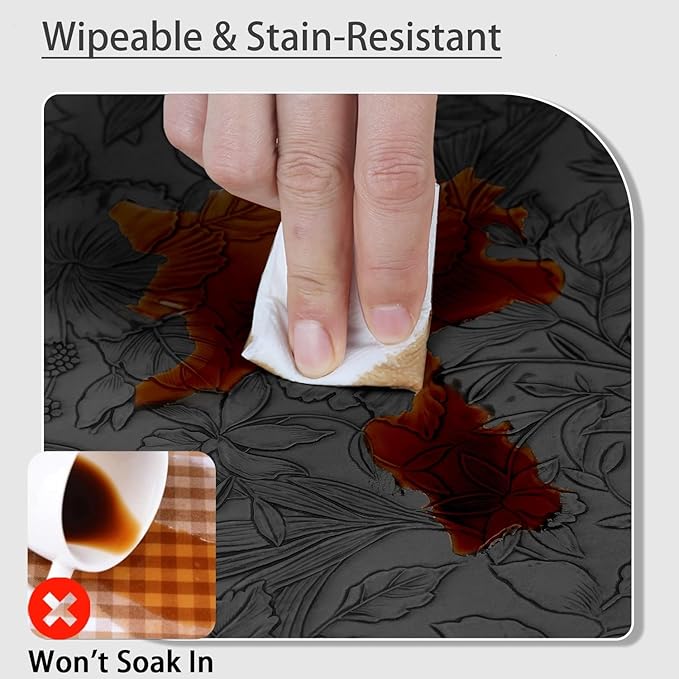 SolaraDawn Faux Leather Table Placemats Set of 6, Washable, Wipeable & Heat-Resistant Table Mats, Waterproof Dining Place Mats with Embossed Texture for Kitchen & Dining, Black, 17" × 12"