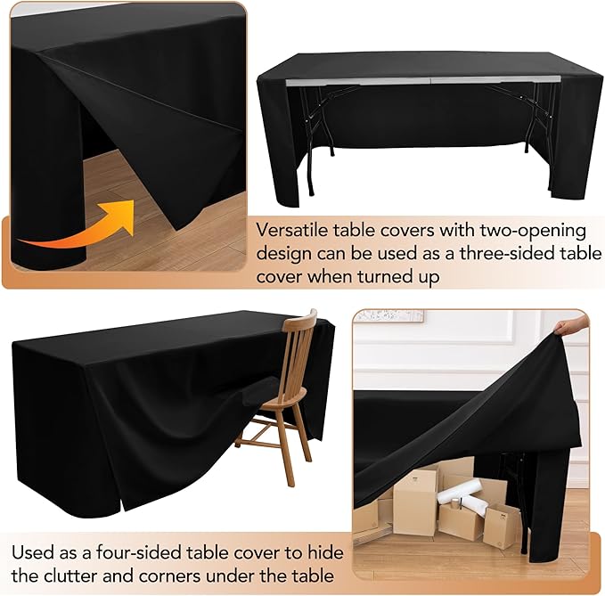 HolidayIdeas Fitted Table Covers - 96 x 30 Inch - 2 Pack Rectangle Tablecloths, Versatile Polyester Fabric Table Cloth for Parties, Holiday Dinner, Trade Show (Black)