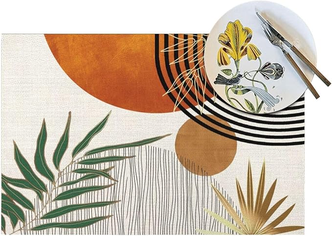 Mid Century Placemats 12x18 Inches Set of 4, Modern Boho Green Orange Tropical Leaf Decorative Rectangle Table Mats for Party, Home Kitchen,Dining Table Decoration