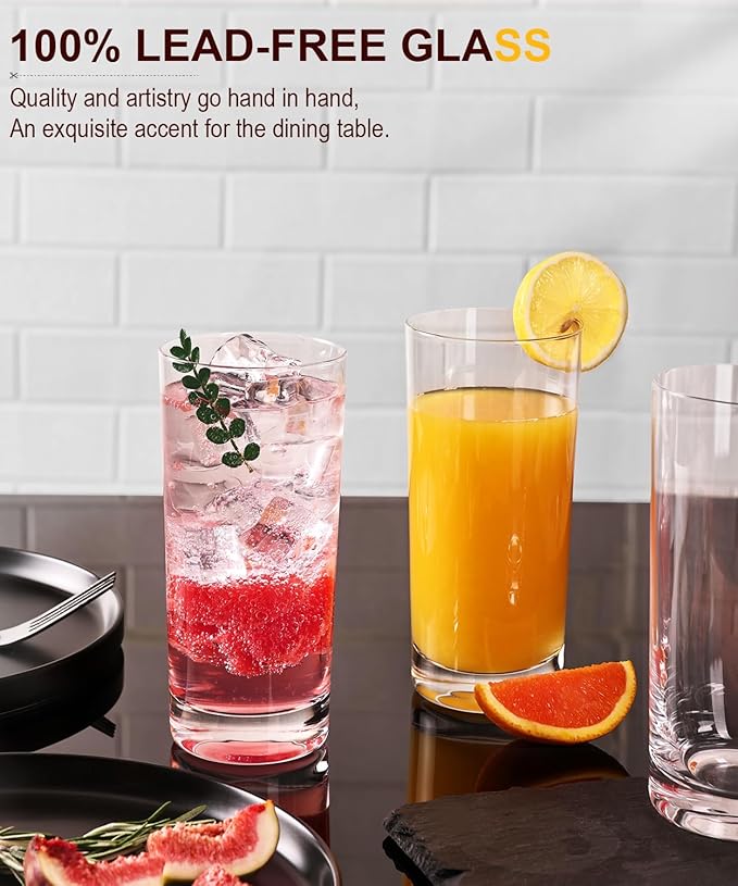 Drinking Water Glasses Set of 6, 16oz Highball Glasses, Lead-Free Crystal Glassware with Unique Wide Mouth, Thoughtful Gifts for House Warming, Birthdays, Everyday Life