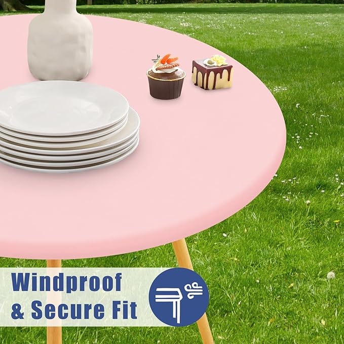 Round Spandex Valentines Day Tablecloth, Elastic Fitted Waterproof Tablecloths for 25"-30" Tables, Stretch Washable Picnic Table Cover for Camping, Dining, Indoor and Outdoor, Pink