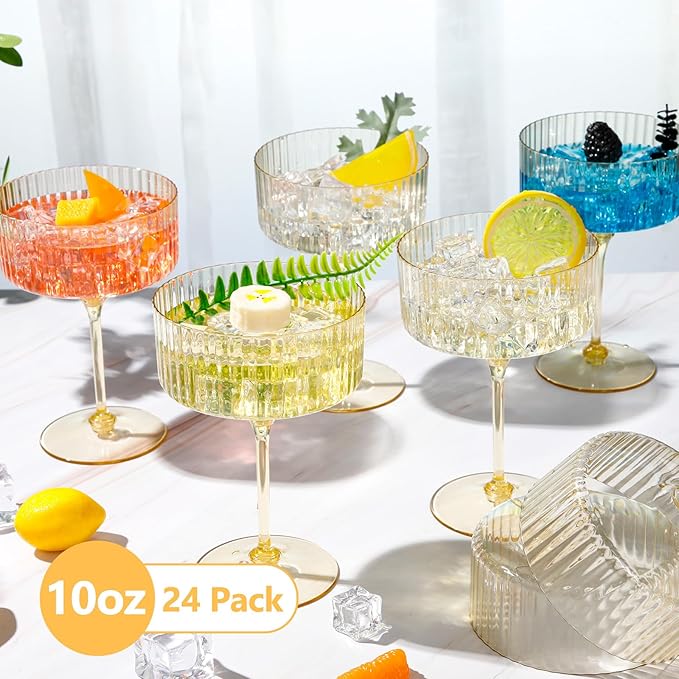 24 Pcs Ribbed Martini Glasses 10 oz Disposable Plastic Vintage Ribbed Coupe Glasses Unbreakable Dessert Parfait Glassware for Wedding Birthday Party Supplies (Gold)
