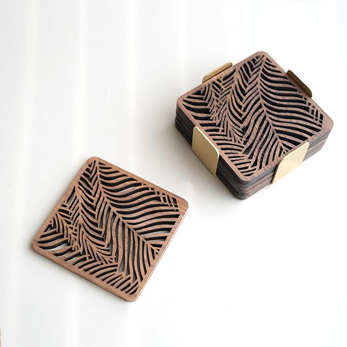 Wooden Coasters Set of 6 with Holder, Wood Coaster for Laser Engraving, Tree of Life Coasters, Walnut Wood and Brass (Square)