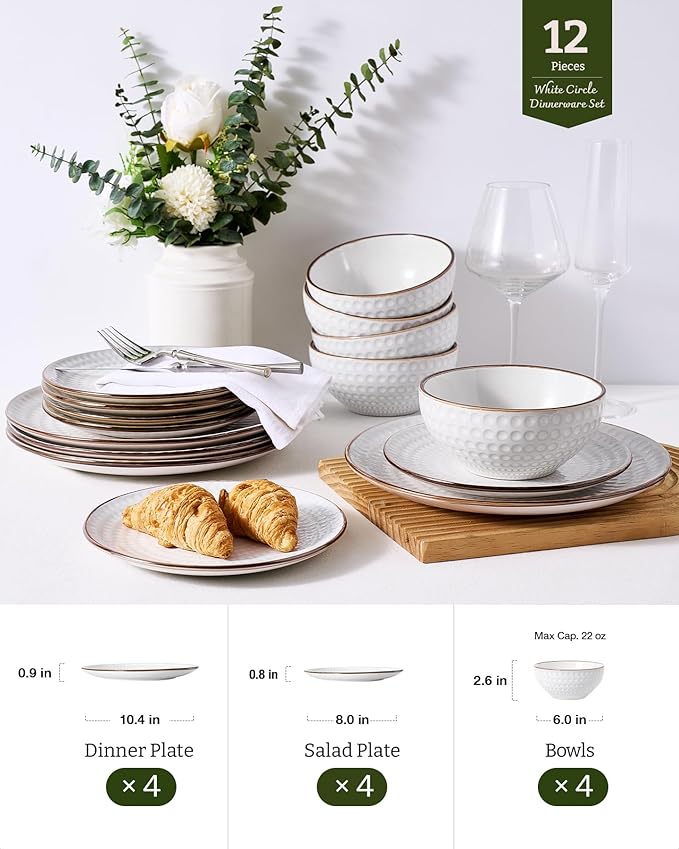 Famiware Eden Plates and Bowls Sets, Stoneware Dinnerware Sets with Gold Trim, 12 Pieces Dishes Set for 4 - Chip and Scratch Resistant, Microwave and Dishwasher Safe, White Circle