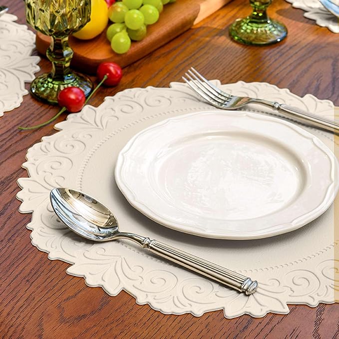 Noctiflorous Round Faux Leather 15 Inch Placemats Set of 4 Waterproof Wipeable Heat Resistant Tablemat for Dining Table Kitchen Non Slip Washable Oilproof Table Place Mat for Indoor Outdoor(Beige, 4)