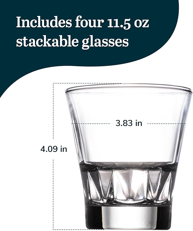 Libbey Bellevue Double Old Fashion Glass Set, 11.5 Oz, Clear, Retro Double Walled Whiskey Glasses, Modern Glassware Set of 4 for Cocktails, Water, and More