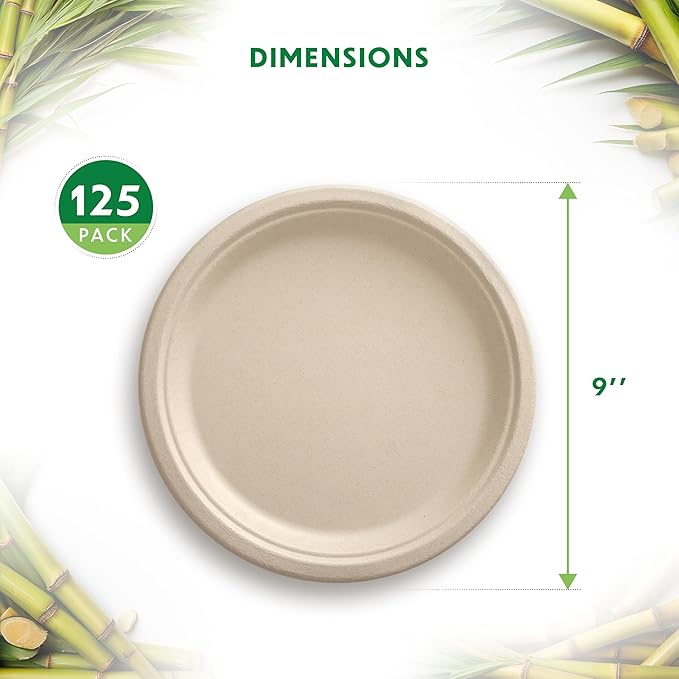 Compostable Plates, Disposable Heavy Duty Paper Plates - [125 Count] 9 Inch, Unbleached Biodegradable, Made of Natural Sugarcane Bagasse, Brown, For Everyday Use Meals, Dinner, Party, Eco-Friendly