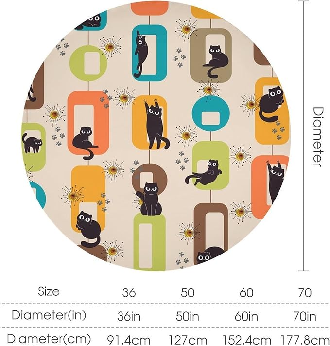 Bohemian Black Cat Round Tablecloth, Rustic Vintage Mid Century Geometric Tablecloth for Home Party Dining Room Kitchen Decor 60Inch(152cm)