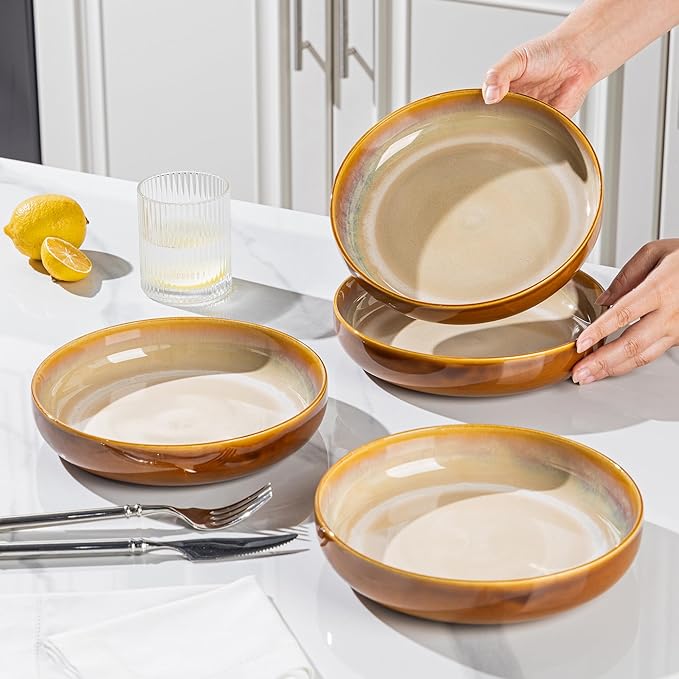 LERATIO 8.5'' Large Ceramic Pasta Bowls, 36oz Pasta Serving Bowls Set of 4 for Kitchen, Wide Bowls for Fruit,Pasta,Salad,Oatmeal,Meal, Microwave Safe, Reactive Glaze-Kahki