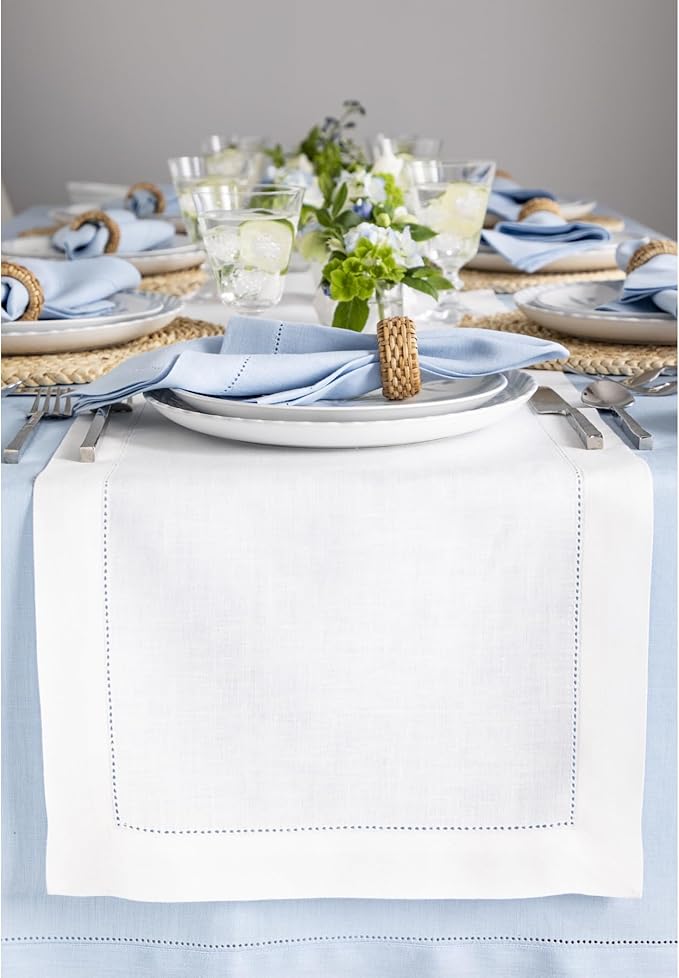Solino Home Linen White Table Runner 72 Inches Long - 100% Pure Linen Hemstitch Table Runner 14 x 72 Inch for Dresser, Dining, Valentines, Spring, Easter - Classic Hemstitch