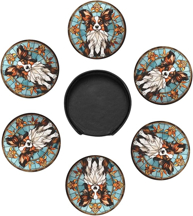 Drink Coaster Set of 6, Papillon Dog Mom Lover Gift,Leather Drink Coasters with Holder,6 Pack Cup/Bar/Drink Coasters for Table/Drinks/Coffee Protection Housewarming Gift